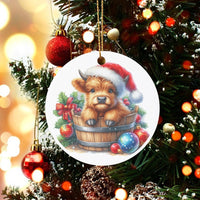 Adorable Cow in Bucket Ornament, Baby Highland Cow Christmas Ornament, Farmhouse Animal Ceramic Ornament, Rustic Holiday Tree Decor Present