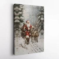 Snowy Forest Santa Canvas Print, Vintage Santa Claus Canvas Art, Rustic Reindeer Wall Art, Christmas Holiday Canvas Decor, Winter Wall Print