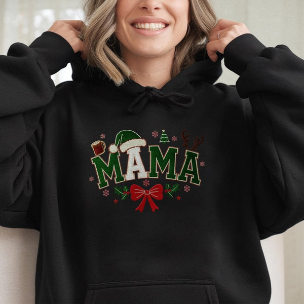 Santa Hat Bow Holiday Hoodie, Christmas Mama Hoodie, Festive Winter Graphic Hooded Sweatshirt, Comfy Mom Christmas Hoodie, Ho