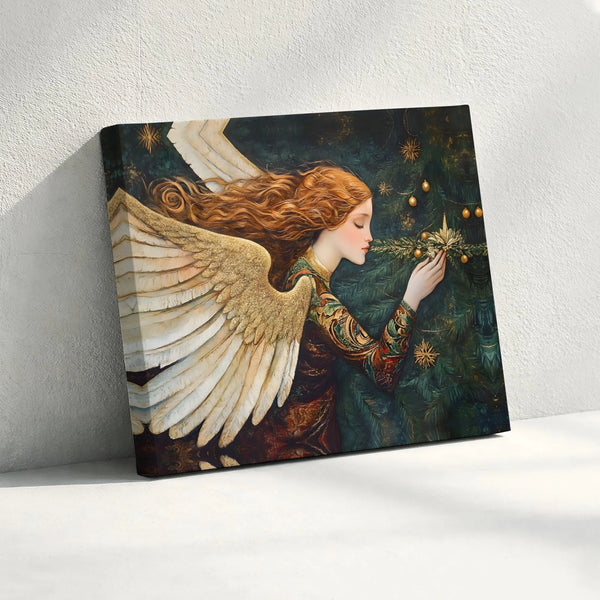 Redhead Angel Tree Canvas Print, Christmas Angel Canvas Wall Art, Vintage Holiday Wall Art Canvas, Seasonal Xmas Home Decor W