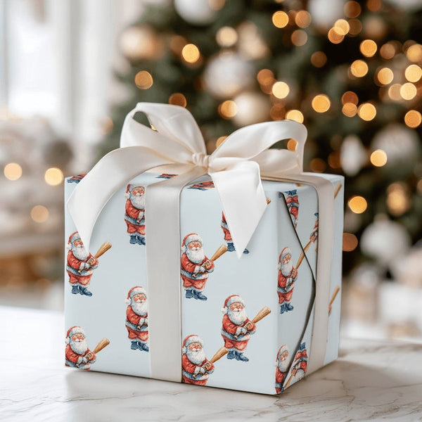 Blue Watercolor Christmas Gift Wrap, Baseball Santa Wrapping Paper, Baseball Bat Santa Wrapping Paper, Sporty Holiday Gift Wr