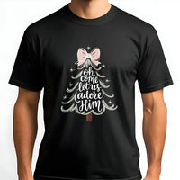 Minimalist Christmas Tree Script Tee, O Come Let Us Adore Him T-Shirt, Christian Holiday Graphic Shirt, Religious Faith Xmas Present for Her