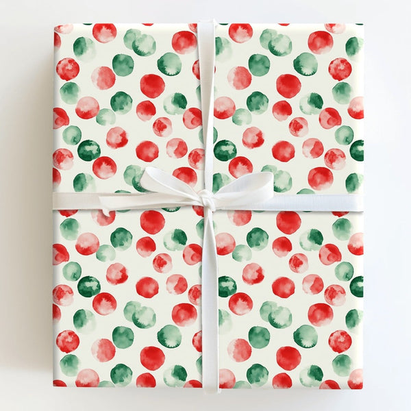 Watercolor Holiday Gift Wrap Roll, Red and Green Polka Dot Christmas Wrapping Paper, Abstract Dot Present Paper, Festive Xmas
