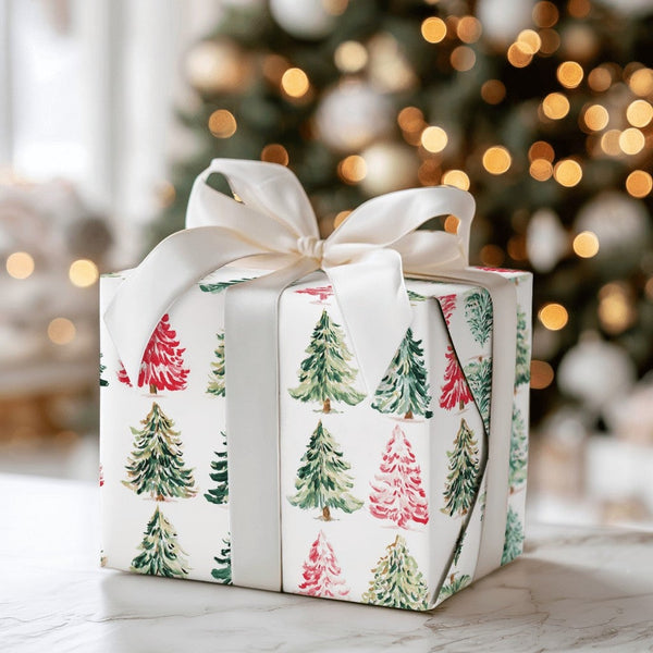 Red and Pink Holiday Gift Wrap, Watercolor Christmas Tree Wrapping Paper, Artistic Winter Tree Wrapping Paper, Festive Xmas W