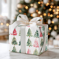 Red and Pink Holiday Gift Wrap, Watercolor Christmas Tree Wrapping Paper, Artistic Winter Tree Wrapping Paper, Festive Xmas Wrapping Paper
