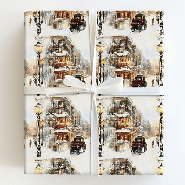 Horse Carriage Winter Gift Wrap, Victorian Street Christmas Wrapping Paper, Snowy City Watercolor Holiday Wrapping Paper, Ret