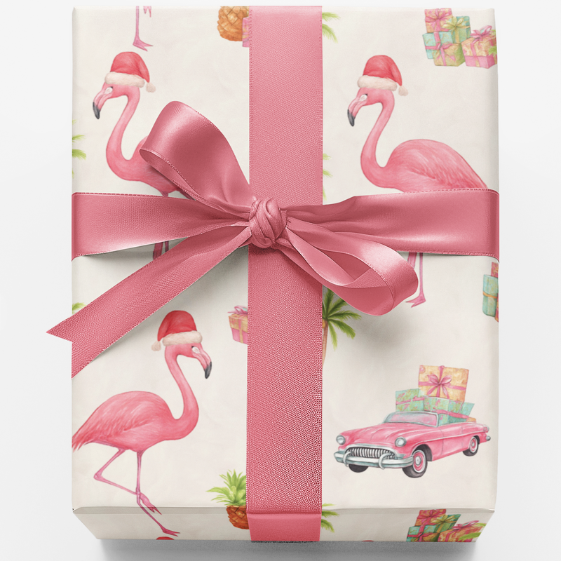 Tropical Christmas Gift Wrap, Pink Flamingo Wrapping Paper, Coastal Holiday Wrapping Paper, Beach Theme Gift Wrap Roll