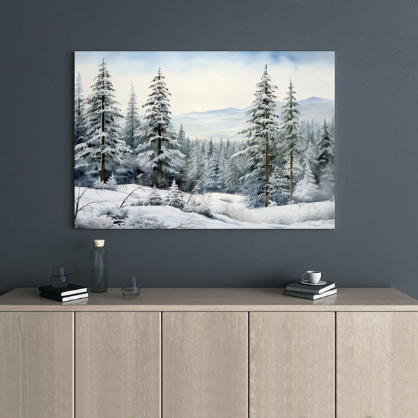 Snowy Pine Landscape Painting Print, Winter Forest Canvas Wall Art, Peaceful Holiday Season Decor, Rustic Christmas Tree Art 