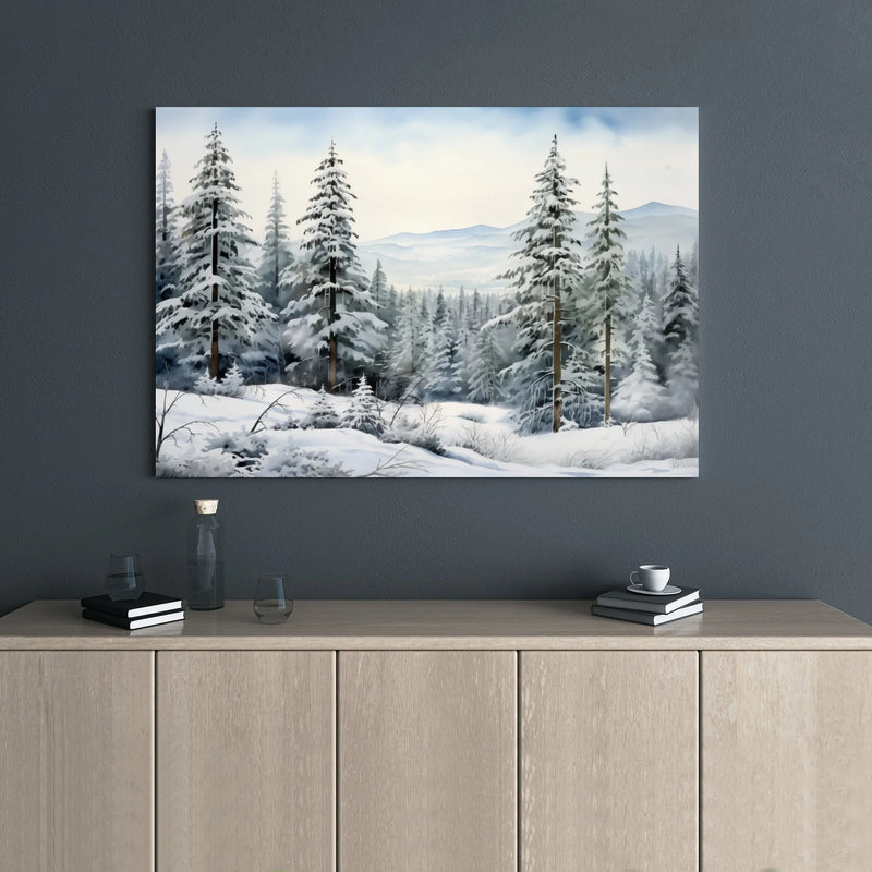 Snowy Pine Landscape Painting Print, Winter Forest Canvas Wall Art, Peaceful Holiday Season Decor, Rustic Christmas Tree Art Canvas