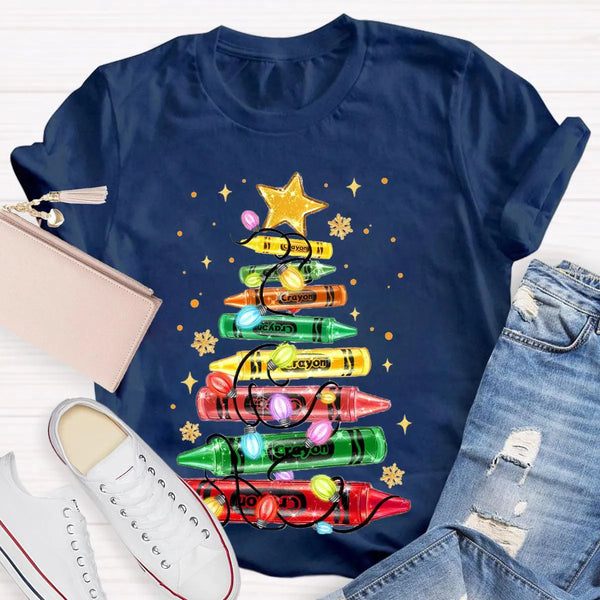 Colorful Holiday Crayon T-Shirt, Christmas Crayon Tree Shirt, Adorable Festive Tree Tee, Art Teacher Xmas Graphic Tee, Holida