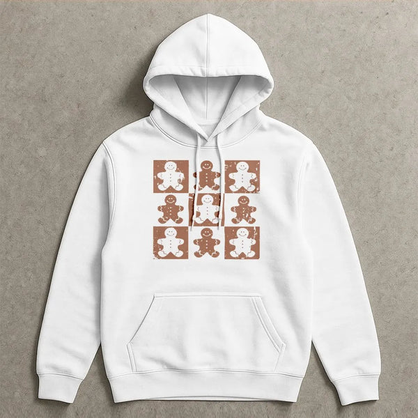 Retro Christmas Cookie Grid Hoodie, Gingerbread Man Hoodie, Holiday Baking Hooded Sweatshirt, Adorable Xmas Pullover Hoodie, 