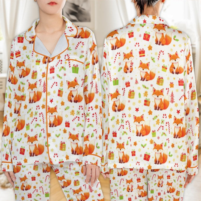 Woodland Animal Holiday Pajamas, Fox Christmas Satin Pajama Set, Festive Winter Pajamas, Adorable Fox Sleepwear Set, Comfy Holiday Present for Her