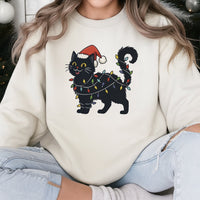 Adorable Santa Hat Kitten Crewneck, Black Cat Christmas Sweatshirt, Cat Holiday Lights Sweater, Humorous Winter Cat Lover Pullover, Xmas Present
