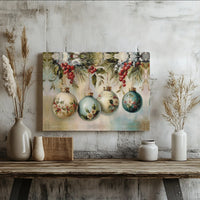 Holly Berry Baubles Wall Art, Victorian Christmas Ornaments Canvas, Vintage Holiday Ornament Print, Elegant Xmas Canvas Art