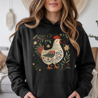 Folk Art Farm Animal Holiday Sweatshirt, Christmas Chicken Hoodie, Farmhouse Hen Winter Pullover, Country Rooster Xmas Lover Hoodie