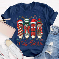 Adorable Pencil Holiday T-Shirt, Personalized Teacher Christmas Shirt, Custom Teacher Tee, Festive School Graphic Shirt, Holiday Teacher Present