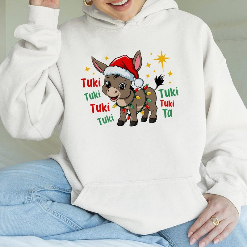 Adorable Santa Hat Burro Hoodie, Christmas Donkey Hoodie, Festive Animal Lover Hoodie, Humorous Holiday Graphic Hooded Sweatshirt Present