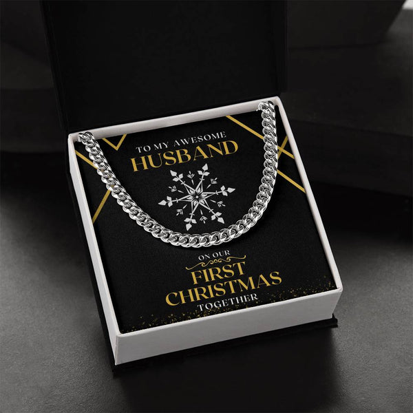Husband Holiday Curb Chain Necklace, First Christmas Cuban Link Chain Necklace, Stainless Steel Mens Jewelry, Xmas Present fo