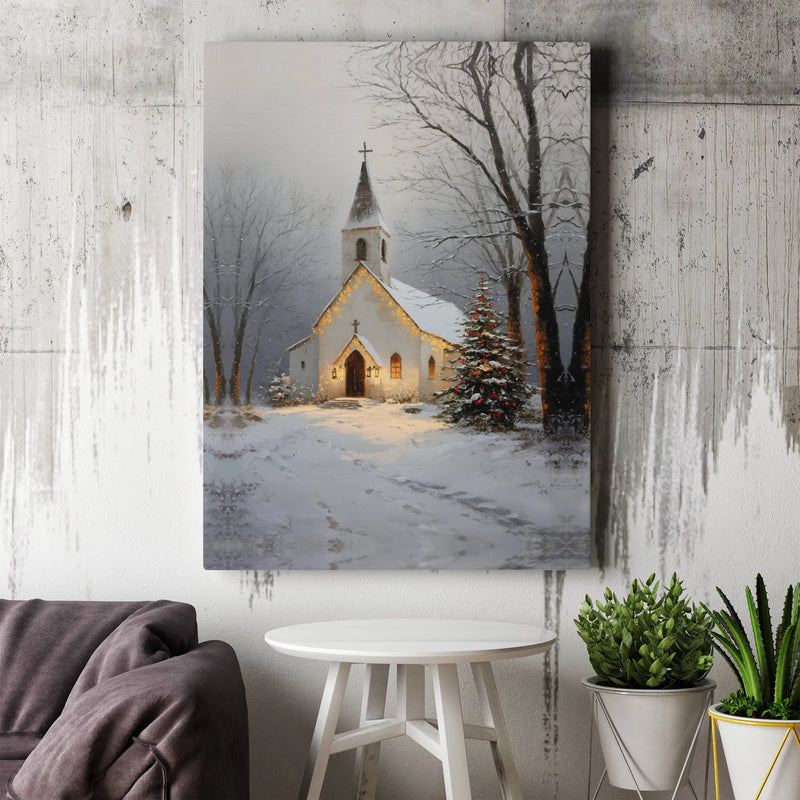 Snowy Christmas Chapel Scene Painting, Winter Church Canvas Wall Art, Religious Holiday Canvas Print, Winter Decor Digital Download