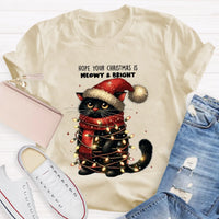 Adorable Holiday Cat Graphic Tee, Meowy and Bright Christmas Cat Teacher T-Shirt, Festive School Teacher Shirt, Humorous Cat Lover Xmas Top