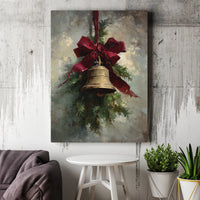 Pine Red Ribbon Canvas Wall Art, Christmas Bell Vintage Oil Painting Print, Rustic Holiday Canvas Decor, Xmas Present Digital Download