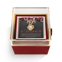 Merry Christmas Mom Necklace, Mom Love Knot Necklace, Rotating Rose Box Love Knot Pendant, Holiday CZ Crystal Jewelry, Present for Mother
