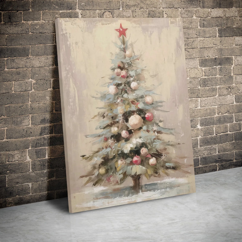 Red Star Ornaments Winter Poster, Painterly Christmas Tree Canvas Wall Art, Neutral Holiday Home Decor, Printable Digital Download Present