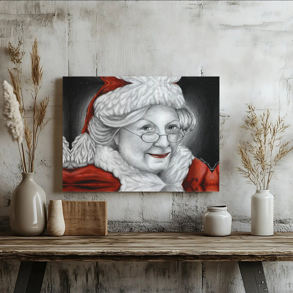 Pencil Sketch Christmas Canvas Art, Mrs. Claus Portrait Canvas, Holiday Wall Decor Canvas Print, Festive Sketch Canvas, Xmas 