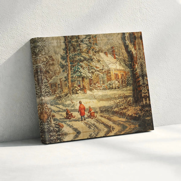 Snowy Cottage Canvas Art, Vintage Winter Scene Canvas Print, Comfy Winter Landscape Wall Art, Nostalgic Christmas Canvas, Hol