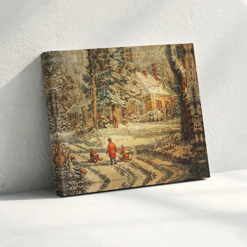 Snowy Cottage Canvas Art, Vintage Winter Scene Canvas Print, Comfy Winter Landscape Wall Art, Nostalgic Christmas Canvas, Holiday Wall Decor