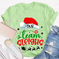 Humorous Holiday Coworker T-Shirt, Our Team Sleighs Christmas Shirt, Santa Hats Snowflakes Xmas Tee, Festive Work Team Shirt, Xmas Present Tee