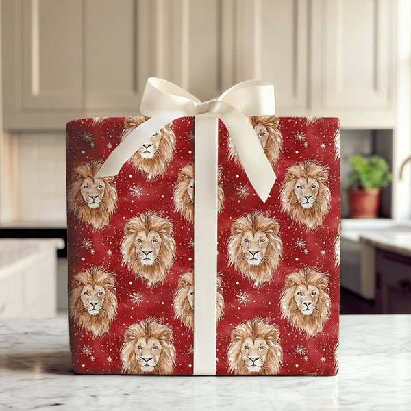Red Snowflake Gift Wrap, Watercolor Lion Christmas Wrapping Paper, Wildlife Winter Holiday Wrapping Paper, Animal Lover Holid