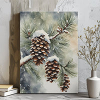 Watercolor Winter Botanical Canvas Print, Snowy Pine Cones Canvas Wall Art, Christmas Pine Cone Wall Art, Comfy Holiday Canvas