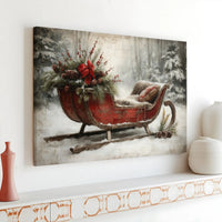 Snowy Winter Forest Scene Print, Christmas Sleigh Canvas Wall Art, Farmhouse Holiday Xmas Canvas Decor, Digital Download Printable