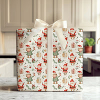 Adorable Holiday Elves Gift Wrap, Whimsical Santa and Elf Wrapping Paper, Watercolor Christmas Wrapping Paper, Kids Festive Present Paper Roll