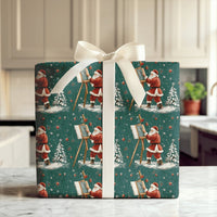 Santa Claus on Easel Gift Wrap, Painter Santa Christmas Wrapping Paper, Artistic Holiday Paper, Winter Forest Art Lover Present Paper