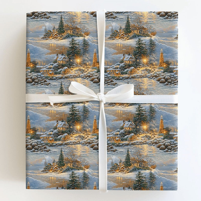 Lighthouse Christmas Gift Wrap, Snowy Coastal Village Wrapping Paper, Nautical Winter Wrapping Paper Roll, Holiday Seaside Present Paper