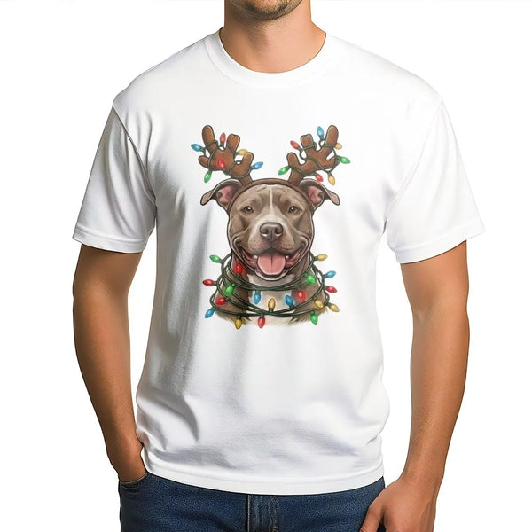 Reindeer Antlers Holiday Lights Shirt, Pitbull Christmas T-Shirt, Adorable Xmas Dog Graphic Tee, Festive Pup Apparel, Present