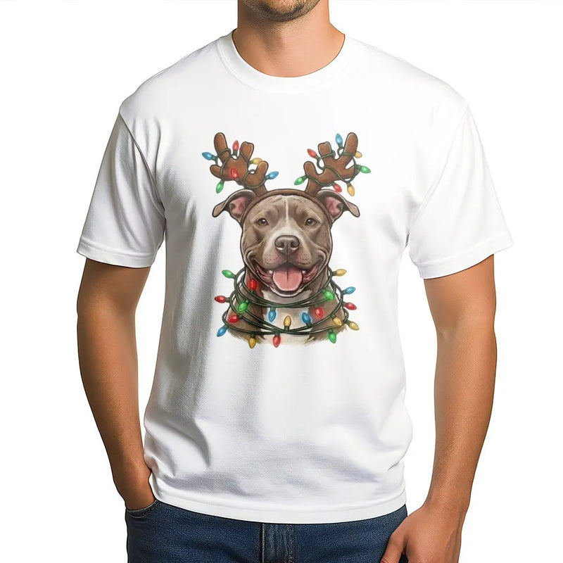 Reindeer Antlers Holiday Lights Shirt, Pitbull Christmas T-Shirt, Adorable Xmas Dog Graphic Tee, Festive Pup Apparel, Present for Dog Mom and Dad