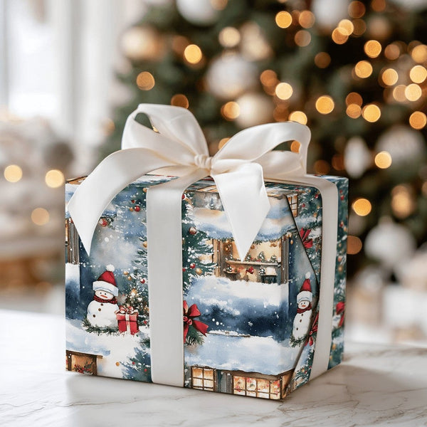 Watercolor Snowman Gift Wrap, Snowy Winter Cottage Wrapping Paper, Comfy Christmas Wrapping Paper, Scenic Holiday Gift Wrap P