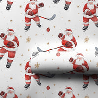 Sporty Santa Gift Wrap, Ice Hockey Santa Christmas Wrapping Paper, Gold Snowflake Hockey Gift Wrapping Paper, Holiday Wrap for Sports Fans