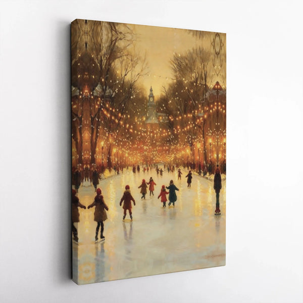 Whimsical Night Park Fairy Lights Decor, Winter Ice Skating Canvas Art, Festive Christmas Canvas Print, Comfy Holiday Wall De