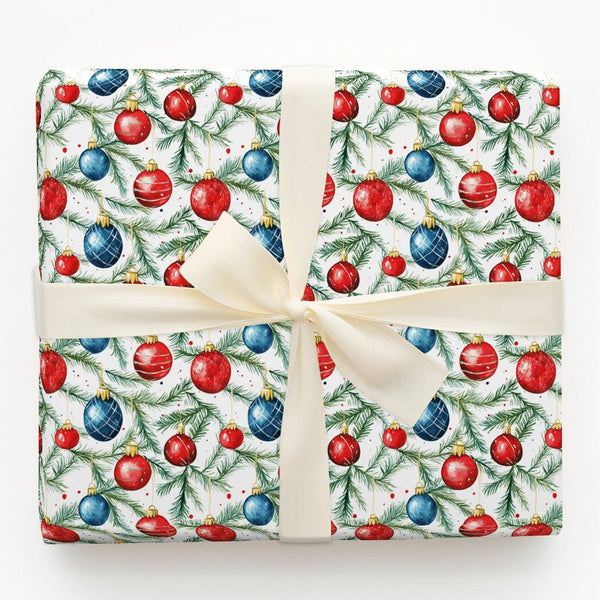 Watercolor Pine Christmas Gift Wrap, Red and Blue Ornament Wrapping Paper, Festive Bauble Wrapping Paper, Holiday Present Wra