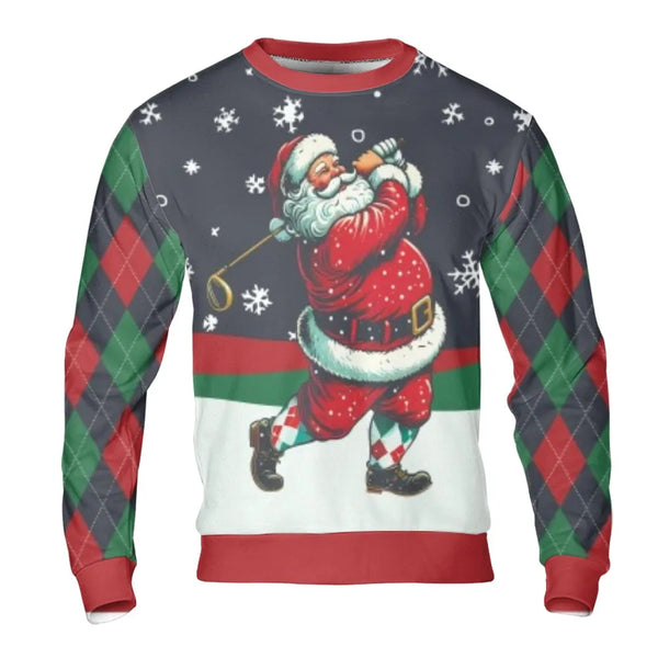 Argyle Golfer Holiday Sweater, Santa Golfing Ugly Christmas Sweatshirt, Humorous Golf Xmas Crewneck, Sports Lover Winter Pull