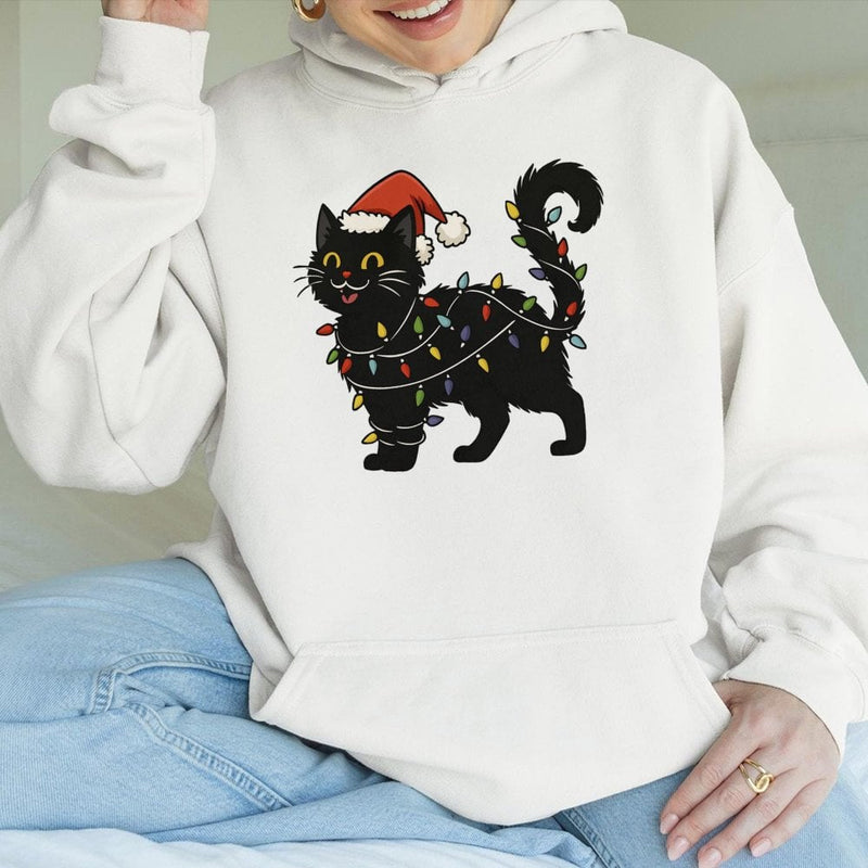 Festive Kitty Fairy Lights Hooded Sweatshirt, Black Cat Christmas Hoodie, Comfy Cat Lover Christmas Hoodie, Adorable Holiday Animal Pullover