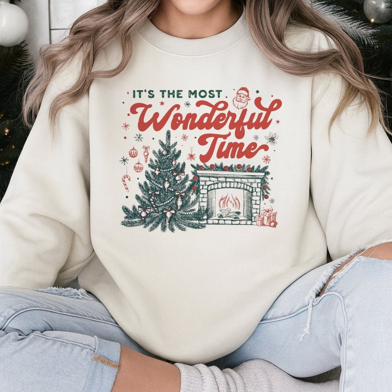 Retro Holiday Tree Fireplace Crewneck, Most Wonderful Time Christmas Sweatshirt, Comfy Festive Winter Sweater, Vintage Xmas Pullover Present