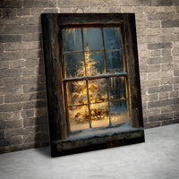 Snowy Rustic Window with Icicles Canvas Print, Christmas Tree Wall Art, Comfy Winter Cabin Holiday Decor, Festive Christmas Present