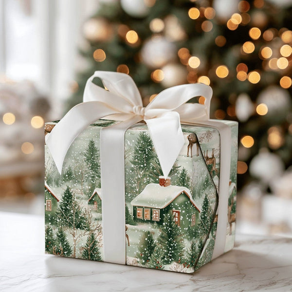 Vintage Snowy Cabin Gift Wrap, Winter Woodland Wrapping Paper, Rustic Forest Deer Wrapping Paper, Christmas Holiday Present G