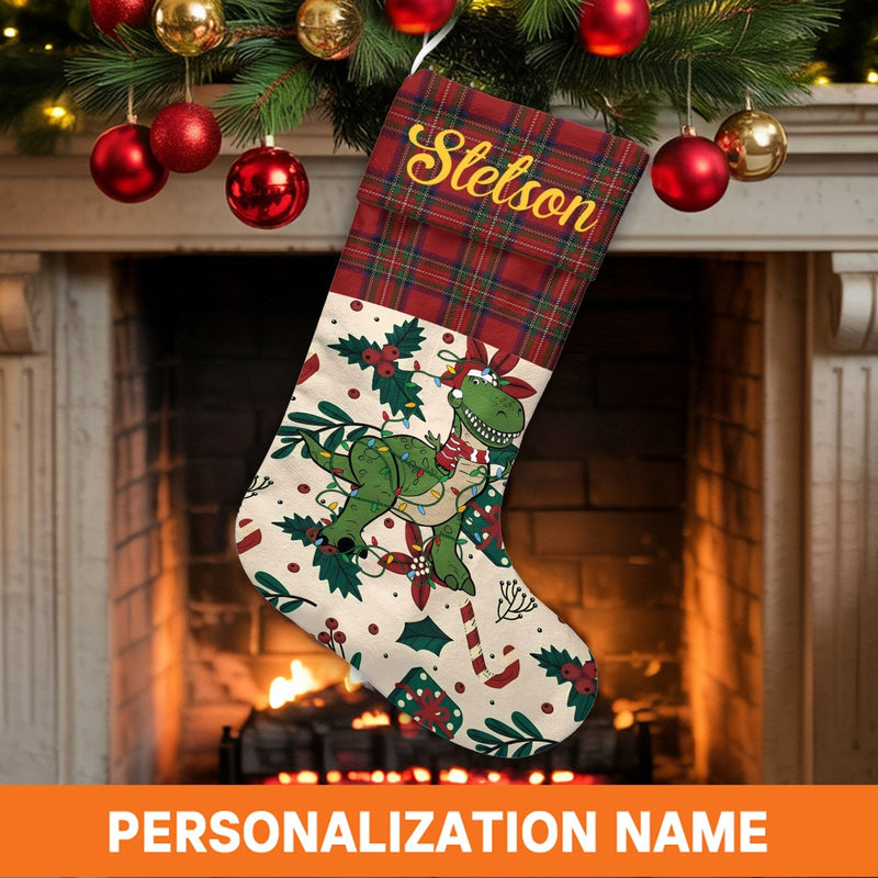 Adorable T-Rex Holiday Stocking, Personalized Dinosaur Christmas Stocking, Plaid Cuff Custom Kids Christmas Stocking, Festive Fireplace Decor