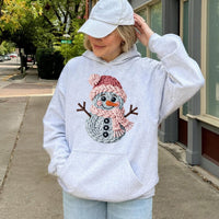 Crochet Faux Yarn Graphic Hooded Sweatshirt, Christmas Snowman Hoodie, Adorable Winter Snowman Hoodie, Comfy Holiday Season Present for Her